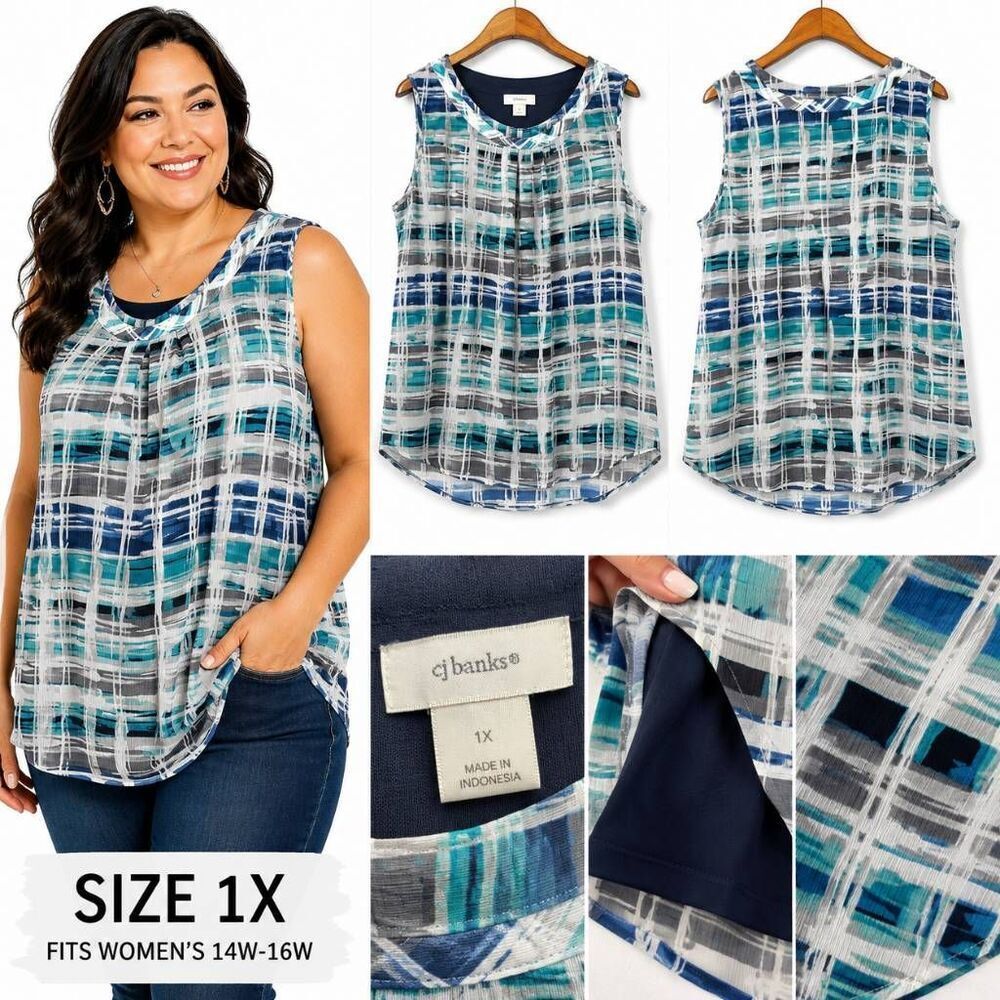 CJ Banks 1X Sleeveless Layered Blouse Blue Plaid Chiffon